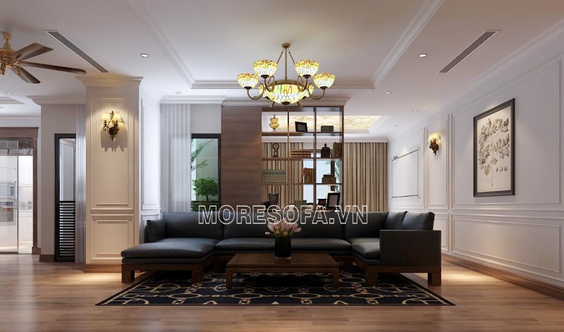 Ghế sofa góc gỗ bọc da màu đen